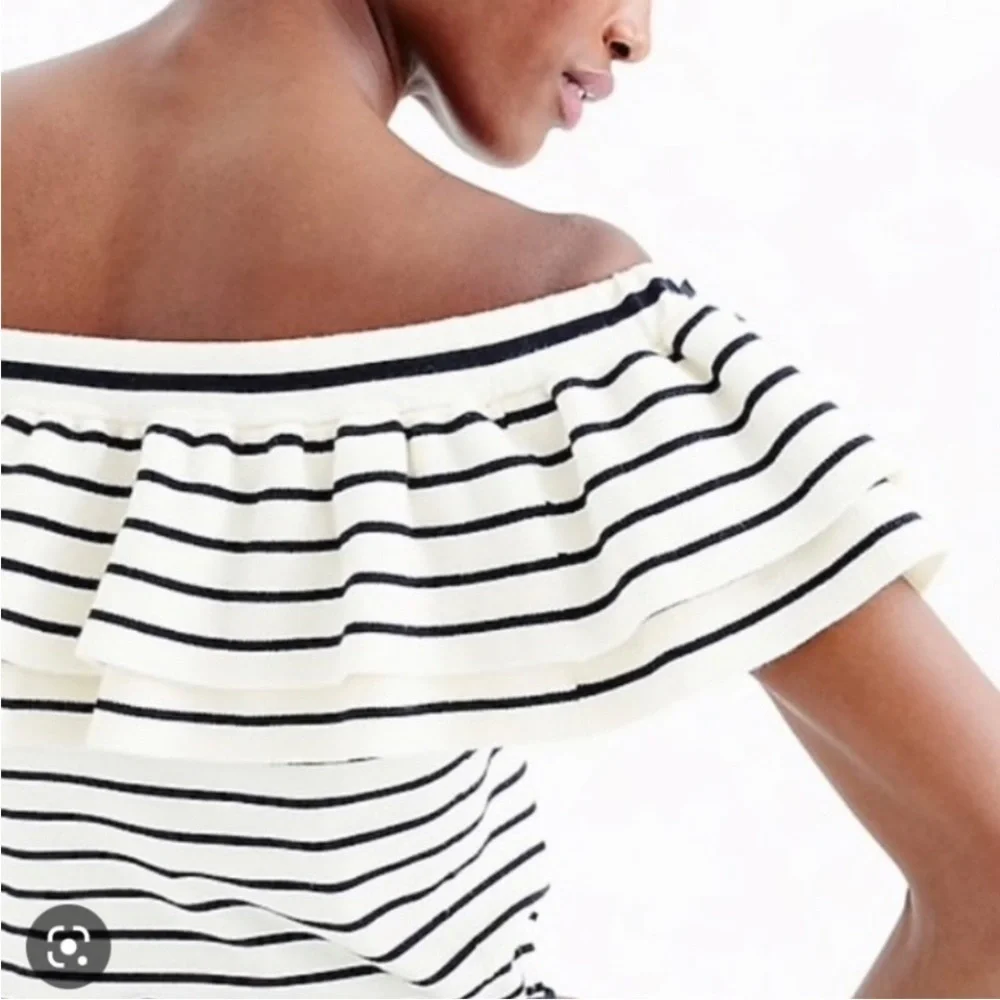 J. Crew Black and White Striped Off-Shoulder Ruffle Knit Top